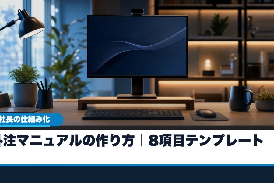青紺のオフィスで作業手順を確認しながら外注マニュアルを整えているビジネス場面