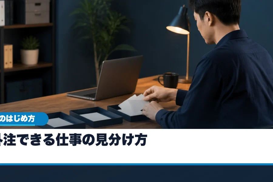 青紺の仕事場で一人社長が業務カードを並べ、外注する工程と自分で判断する工程を仕分ける場面
