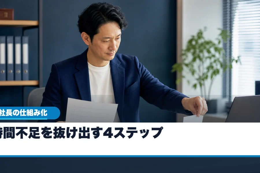 青紺のオフィスで一人社長が業務のチェックリストを確認し、任せる仕事を仕分ける場面